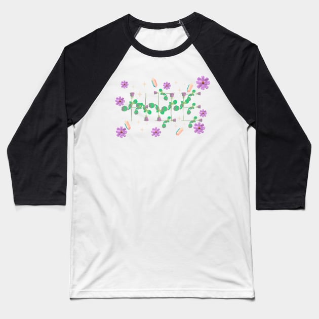 Hoe blue roses on stems with gems and purple flowers black bg 2 Baseball T-Shirt by VantaTheArtist